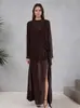 Nuevo Vestido Marrón Sexy de Estilo Transfronterizo Primavera/Verano 2026 para Mujer, Transparente con Lazo Cuello Redondo Manga Larga Largo con Abertura y Falda Transparente