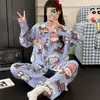 Nuevo cárdigan de otoño con cuello invertido, pijama de algodón nube para mujer, de manga larga y pantalón largo, conjunto de ropa de casa casual linda de dibujos animados