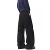 Calça Jeans Scimitar Cor Crua Costura Contrastante Estilo Americano Transfronteiriça para Homens, Marca Trendy Nova Solta Retrô High Street Wide-Leg