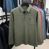 Camisa polo masculina para meia-idade e idosos com bolsos reais, novo estilo outono 2026, listrada, confortável, camiseta de manga comprida para homens