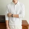 Camisa polo de manga comprida estilo Old Money, casual masculina, leve, base lisa de cor sólida, peça íntima de inverno, com mistura de lã e gola alta