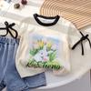 Camiseta de manga corta de conejo estilo coreano para niña, ropa de verano con lazo elegante