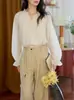 Camisa Listrada Estampada com Gola V Franzida Cor Bege Moriiroe para Mulheres, Elegante Top de Manga Longa Estilo Retrô Francês para Primavera e Outono