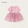 Vestido de Verano Bangxuan para Niñas, Ropa Infantil con Empalme de Malla, Vestido Rosa Lindo Estampado para Bebé tipo Pastel