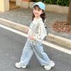 Conjunto Casual para Meninas Estilo Primavera e Outono Moda Coreana Infantil Sudadora de Renda para Menininhas Conjunto de Duas Peças para Crianças Pequenas e Médias