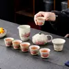 Conjunto de Chá Gongfu Azul e Branco Vermelho Pedernal Bule Doméstico Gaiwan Xícaras de Chá Hotel Escritório Conjunto de Bule de Chá de Alta Qualidade