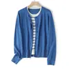 Breve Descrição Riscada: Cardigan Sofisticado para o Dia a Dia, Lã Lavável, Gola Redonda, Falso Duas Peças, Manga Longa, Suéter de Tricô Listrado Color-Block