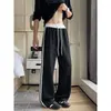 Calça Casual Waffle Listrado Color Block Americana para Homens Solta Emagrecimento Versátil Reta Perna Larga Calça de Moletom Esportiva Estilo Primavera e Outono