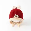 Gorro de Lana Infantil Estilo Japonés Otoño e Invierno Espeso Pequeña Flor Lazo Gorro Tejido para Niños y Niñas Resistente al Viento Gorro sin Visera