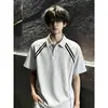 Camisa polo versátil a rayas tipo patchwork estilo americano, camiseta de verano para hombre de manga corta con hombro normal, cuello camisero resistente, elegante y fresca de media manga