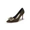 9169C-232 gamuza pedrería hebilla cuadrada suela roja poco profunda zapatos de mujer versátiles elegantes maduros para ir al trabajo
