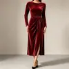 Vestido de otoño/invierno para mujer, de terciopelo, de manga larga, con cinturón de corbata, abertura y corte ajustado, longitud midi, de importación europea y americana