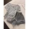 Pijama de Algodão Imitado com Listras e Estrelas Estilo Coreano para Mulheres 2026 Novo Conjunto Fino de Verão com Manga Curta Casual para Usar em Casa ou Fora