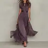 Site transfronteiriço europeu e americano independente novo estilo verão 2026 vestido longo casual elegante com babados e acinturado decote V