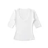 Camiseta Básica de Tencel con Hombro Acolchado, Cuello en V y Manga Media para Mujer, Top Delgado de Manga Media para Verano, Capa Base