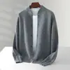 Cardigan de Lã 100% Pura com Gola Baseball para Outono e Inverno Masculino, Suéter de Malha Cashmere Solto, Jaqueta Quente Espessa de Luxo