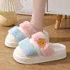 Chinelos de Pelúcia Color Block Desenho Animado para Mulheres, Inverno Interno Casa Antiderrapante Solado Grosso Quente Algodão Chinelos, Par de Sapatos de Casa para Usar Fora