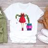 Feliz Navidad Árbol de Navidad Papá Noel Cuello Redondo Moda Manga Media Camiseta Base Simple para Mujer Camiseta de Manga Corta para Mujer
