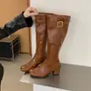 Nuevas Botas Altas de Tacón Grueso con Hebilla de Cinturón Retro Otoño/Invierno 2026 con Cremallera Trasera Ajuste Delgado Botas de Jinete