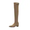 Nova Coleção Outono Miu Botas Longas para Mulheres, Botas Elásticas Acima do Joelho com Salto Grosso de 5cm, Botas Femininas de Salto Alto Emagrecedoras e Antiderrapantes