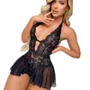 Lencería Sexy Europea y Americana de Encaje Una Pieza con Abertura en la Entrepierna y Atado en el Cuello Pijamas de Tentación Ropa Sexy Transparente Más Vendida en Comercio Exterior