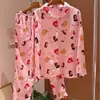 Pijama casero de gasa de algodón suave para otoño con diseño de niña de dibujos animados, holgado y transpirable, con cuello de solapa, mangas largas y pantalones largos, adecuado para usar fuera