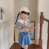 Camiseta de verano para niñas coreana 2023 nueva dulce azul marino solapa grande a rayas manga corta top + falda corta pantalón ropa de niños