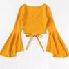 2020 Aliexpress wish Amazon ebay Nova Camiseta Sexy de Renda com Amarração e Manga Sino que Deixa a Barriga de Fora