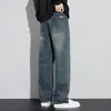 Jeans americano de rua perna reta para homens, novas calças casuais largas largas vintage de outono lavadas