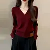 Suéter de tricô vermelho para mulheres, nova coleção outono 2026, blusa básica gola V, suéter do ano zodiacal, top interno estilo retrô francês