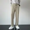 Estilo Ligeramente Maduro Pantalones Casuales de Seda Helada Delgados Caídos Pantalones de Traje Pequeños para Hombre Verano Sueltos Pierna Recta Cordón No Planchar Pantalones Largos Tendencia