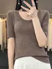 Camiseta de punto fina de manga corta para mujer, color liso a rayas, cuello en U, lana peinada, capa base, manga media, adelgazante, para ir al trabajo, primavera y verano