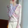 Tejido de punto fino para camiseta Mujer Top rejuvenecedor Manga larga Suéter casual Moda Primavera Verano Estampado Cuello redondo Nuevo