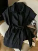 Camisa Feminina Europeia e Americana Transfronteiriça Amazon Simples com Amarração Versátil, Gola Reversível, Mangas Raglã, Cintura Elegante Ajustável, Top Emagrecedor