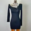 Coreia do Sul Dongdaemun Novo Produto Estilo Puro Desejo Sexy Sexy Decote Assimétrico Manga Longa Vestido Feminino com Efeito Emagrecedor Saia Justa ao Corpo