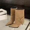Botas de tacón alto de punta acampanadas cortas para mujer 2026 Otoño/Invierno Marrón Estilo coreano Botitas Botas adelgazantes