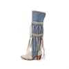 Outono Inverno 2026 Europeu e Americano Simples Franja Salto Grosso Rebite Camurça Patchwork Retrô Botas Femininas Novas Botas Acima do Joelho Botas de Moda