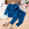 Conjunto de dos piezas acanalado con capucha para niñas de otoño e invierno, directo de fábrica, al por mayor para exportación y comercio transfronterizo, conjunto de manga larga para niños