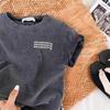 Camiseta de Algodón de Manga Corta para Niño, Guapa, con Estampado de Letras, Cuello Redondo, Tendencia, Fresca, Lavado Vintage, Top de Tendencia