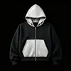 Sudadera con Capucha de Cuero Patchwork Estilo Nuevo 2026 con Bordado Personalizado, Sudadera con Cremallera Suelta de Peso Pesado para Hombres y Mujeres