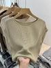 Playera de Punto sin Mangas de Cuello Redondo de Seda de Hielo de Color Sólido para Mujer Verano Nueva Playera Ajustada Elástica Camiseta Base