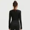 Top de Yoga Sem Costura com Decote em V e Manga Longa, com Cintura Franzida para Efeito Emagrecedor, Top Esportivo Fitness Justo