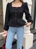 Blusa jacquard casual estilo europeu e americano para mulheres, outono de 2026, de alta qualidade, acinturada, gola quadrada, manga morcego, roupas femininas transfronteiriças