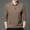Camiseta de manga larga para hombre para primavera y otoño, top fino con cuello camisero, estilo casual de negocios, adecuada para padres de mediana edad, color liso, polo versátil