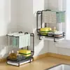 Estante para trapos, escurridor de cocina, estante de almacenamiento de acero inoxidable para encimera y pared sin perforaciones, estante para fregadero
