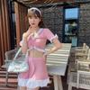 Oferta especial: Traje de baño para mujer para aguas termales, falda corta estilo estudiante, falda estilo adelgazante, manga corta, dos piezas, cintura alta, versión coreana fresca y juvenil