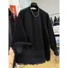 Camiseta de Manga Longa Espessa Escovada com Renda Vazada Costurada Estilo Coreano Cor Sólida Tamanho Grande 120kg Transfronteiriça Feminina Outono Inverno Novo Estilo