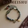 Pulsera de Cuerda Trenzada con Elefante Bebé de Piedra Natural, Estilo Étnico de Moda Exquisita para Mujer, Joyería Versátil de Lujo Ligero de Nicho de Gama Alta