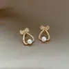 Pendientes Elegantes de Lazo Completo con Diamantes y Perlas Estilo Francés, Pequeños y Delicados, Pendientes Dulces y Versátiles con un Diseño Artístico