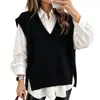 Colete de malha feminino ins coreano solto versátil retrô gola V preguiçoso nicho design de fenda lateral senso de design top feminino